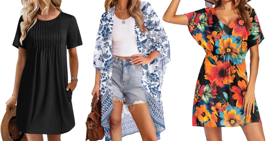 three women modeling black, blue, and floral print swimsuit coverups