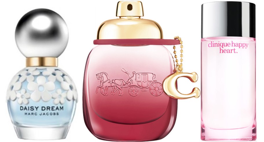 three perfume bottles in a row