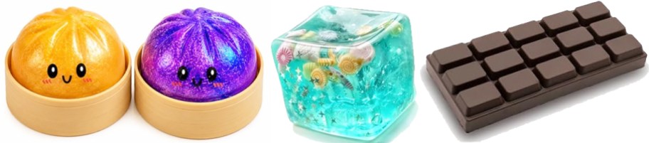 dumplings, cube, and chocolate bar squish toys