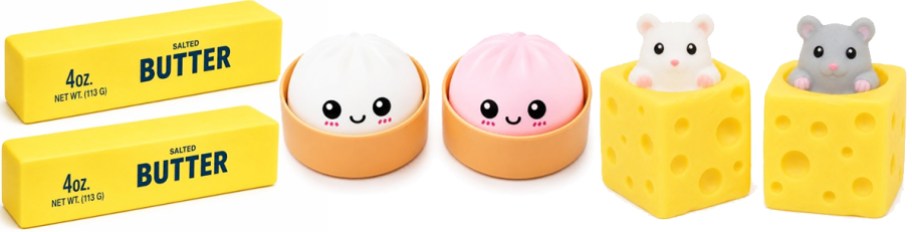 butter, dumpling, and cheese squish toys