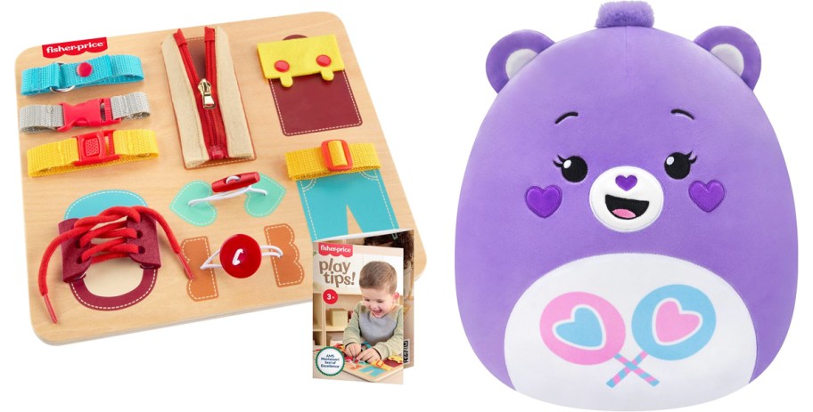 fisher price dressing board and care bears squishmallow