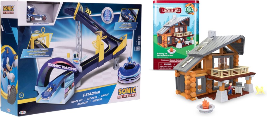 sonic the hedgehog track set and lincoln logs cabin