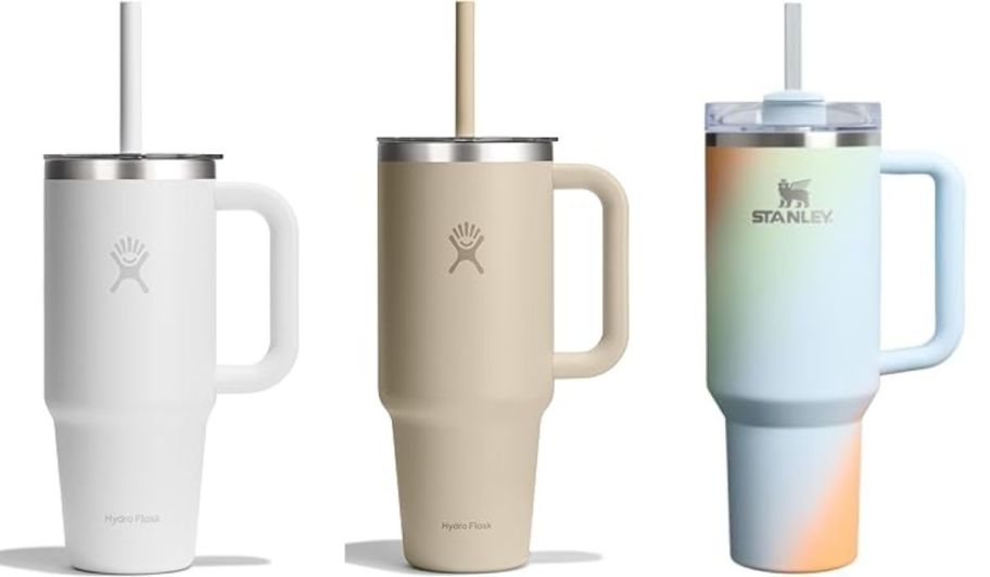 stock images of hydroflask in white and oat plus a colorful stanley cup