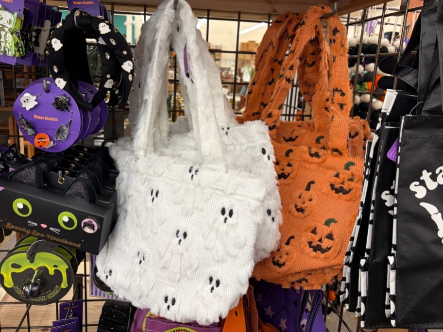 world market pumpkin and ghost fuzzy totes
