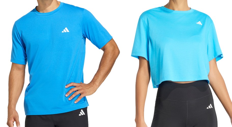 man and woman wearing blue t-shirts