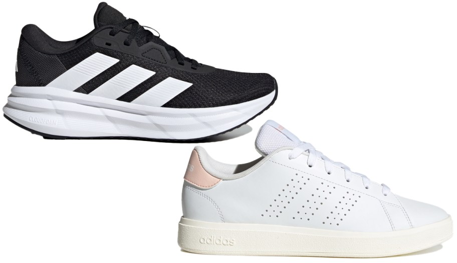 black and white running shoe and white sneaker