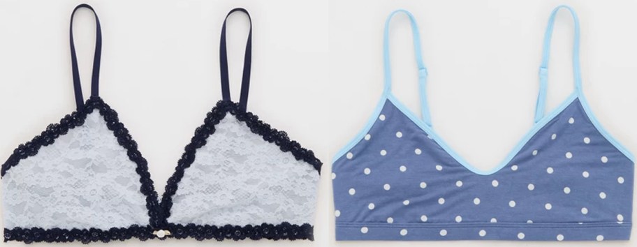 light blue and blue polka dot bralettes 