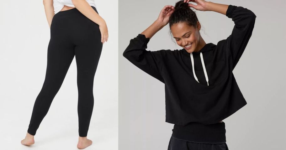 two women wearing aerie leggings and sweatshirt
