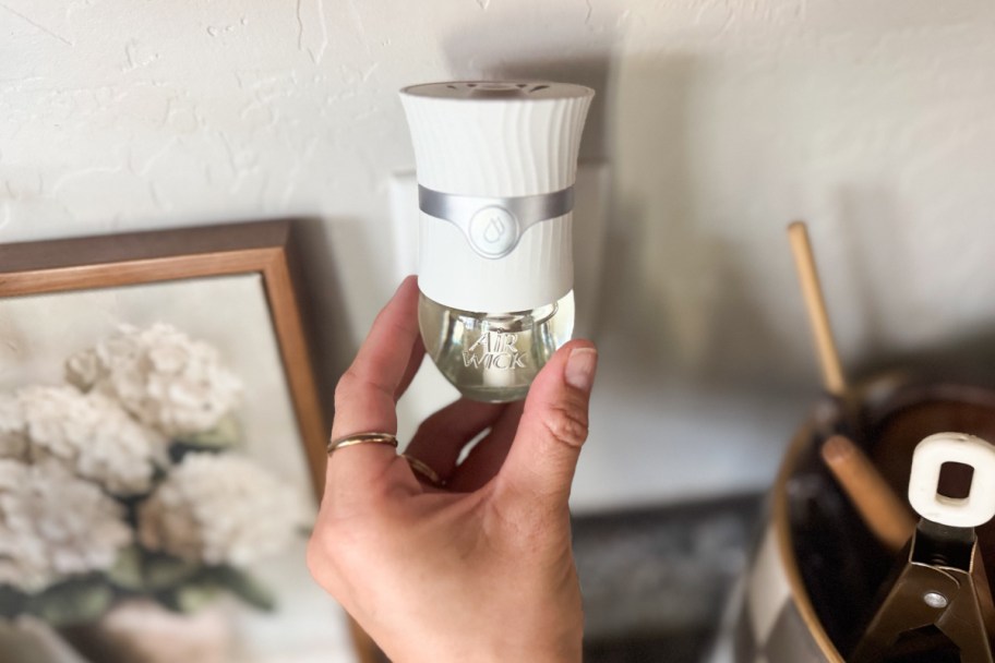 hand holding white plug in warmer on wall