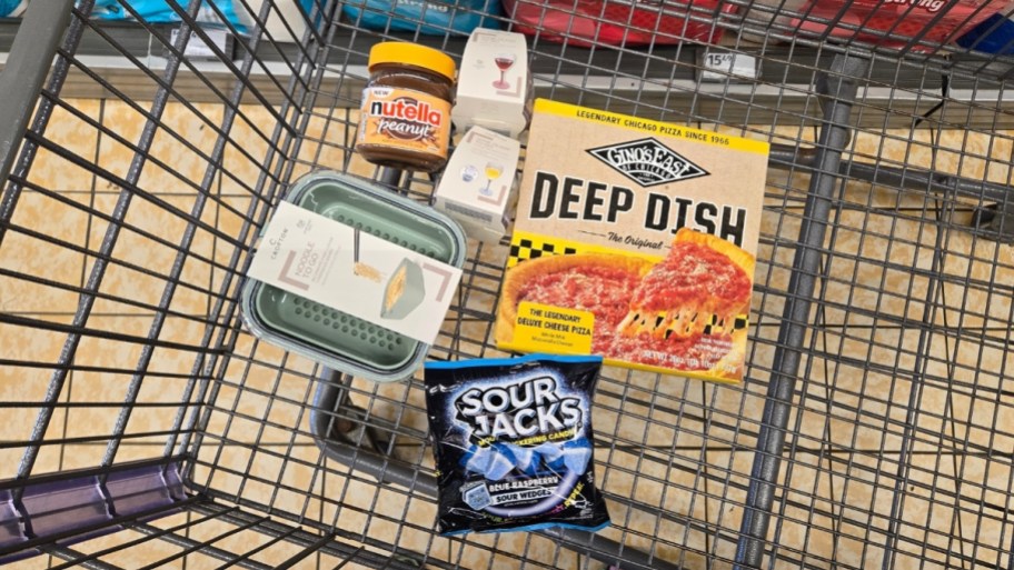 household and food item in a shopping cart