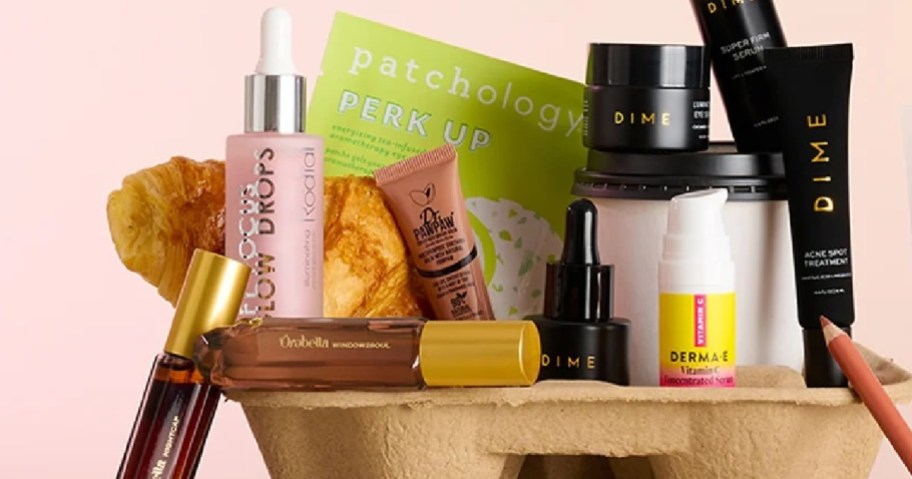 beauty items in a cardboard crate