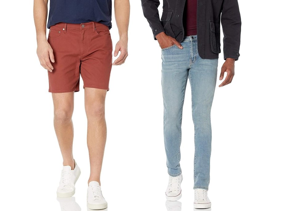 men wearing red shorts and blue jeans 