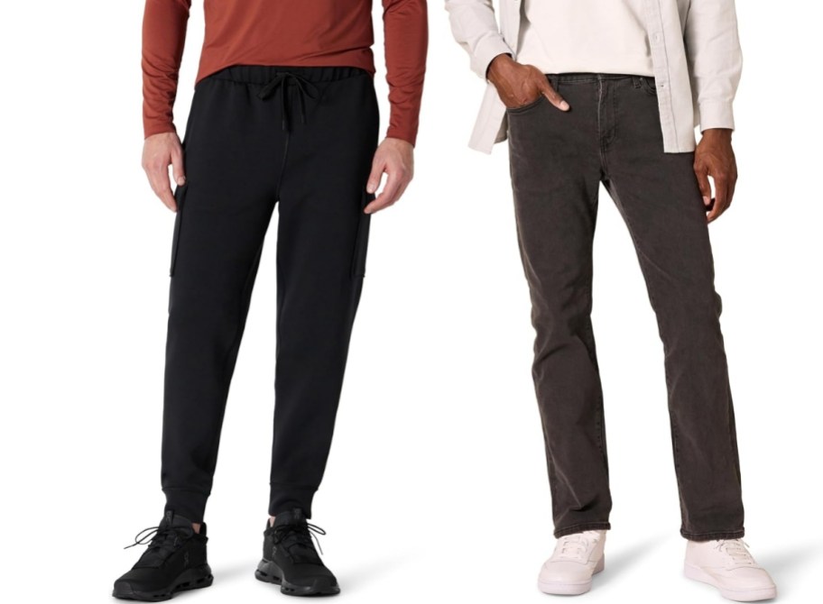 man in cargo joggers and a man in a pair of chino pants