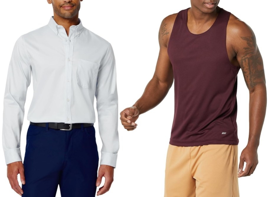 a man in a dess shirt and a man wearing a muscle tank