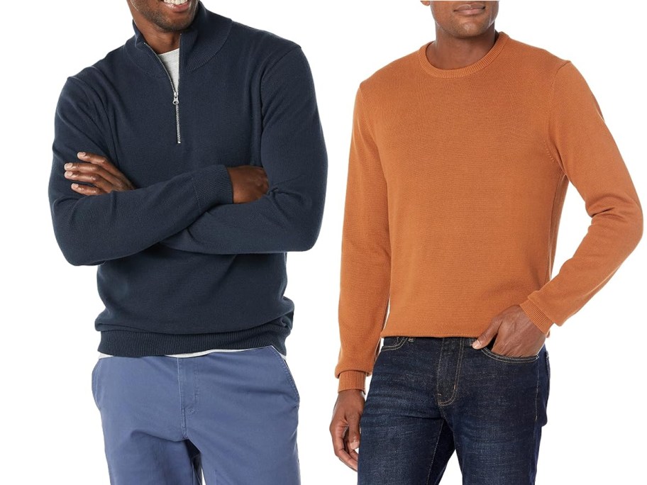 men wearing blue and orange sweaters 