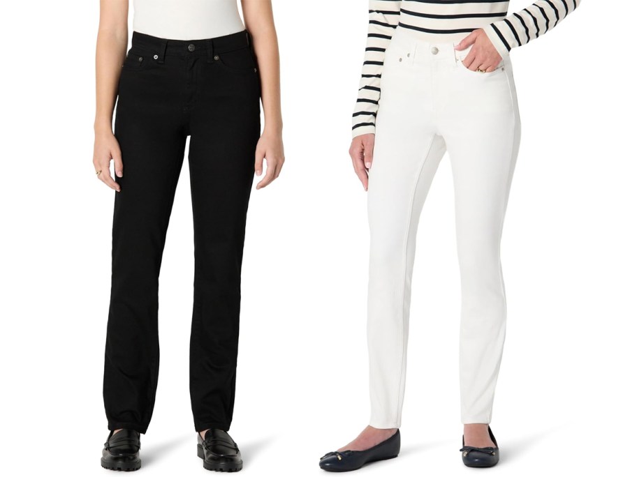 women wearing black and white jeans 