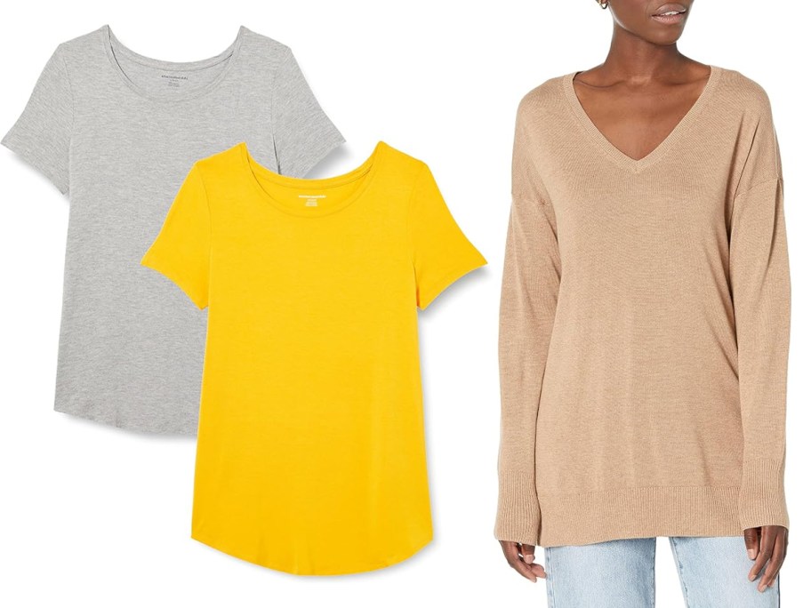 gray and yellow top and tan sweater 