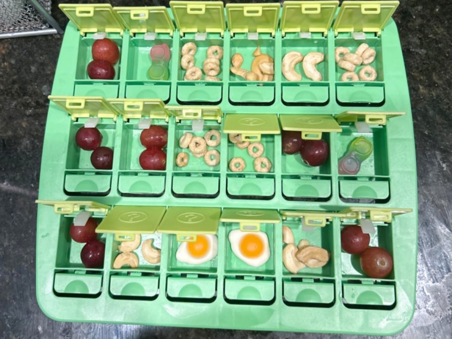 green matching snack game on countertop