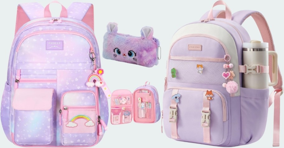 two pink and purple backacks