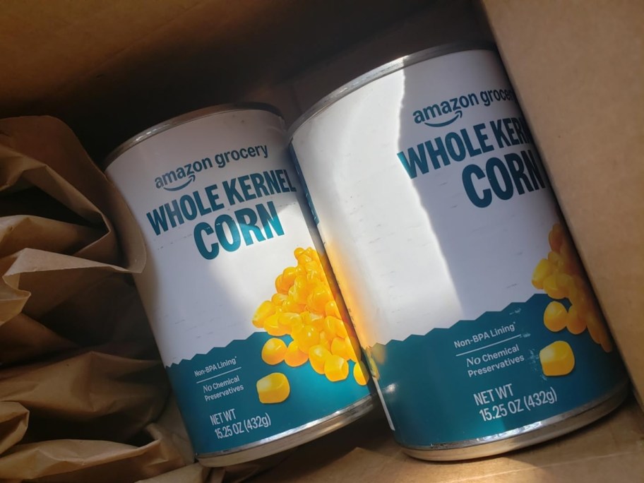 2 cans of corn in a cardboard shipping box