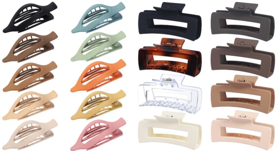 A variety of matte flat hair clips and rectangular claw clips in different colors arranged on a white background.