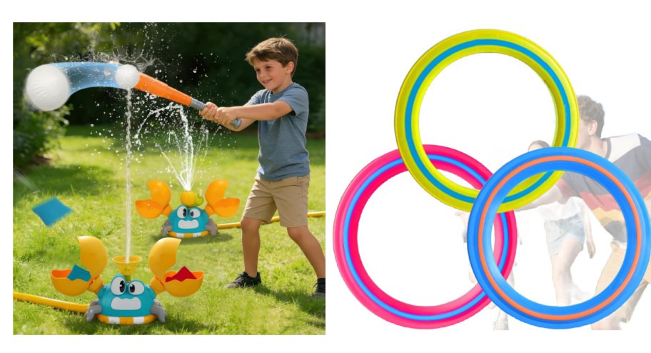 kid swinging bat at sprinkler and three colorful rings