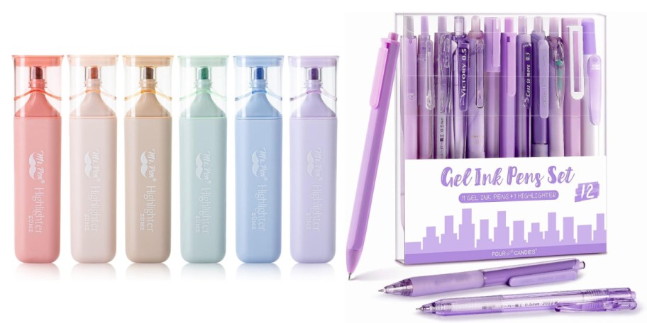 pastel highlighters and purple pens