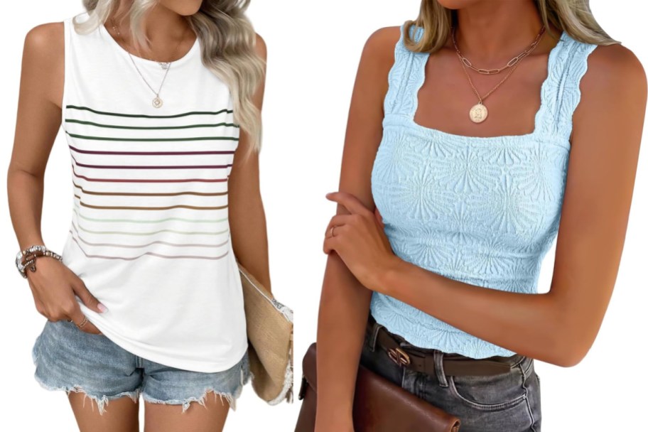 women in white striped and blue crochet tank tops