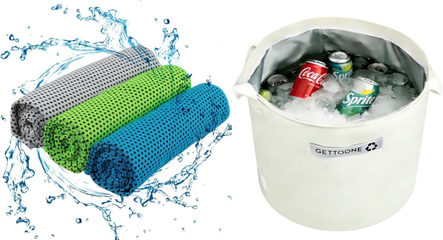 grey blue green towels stacked white bucket with ice and cans