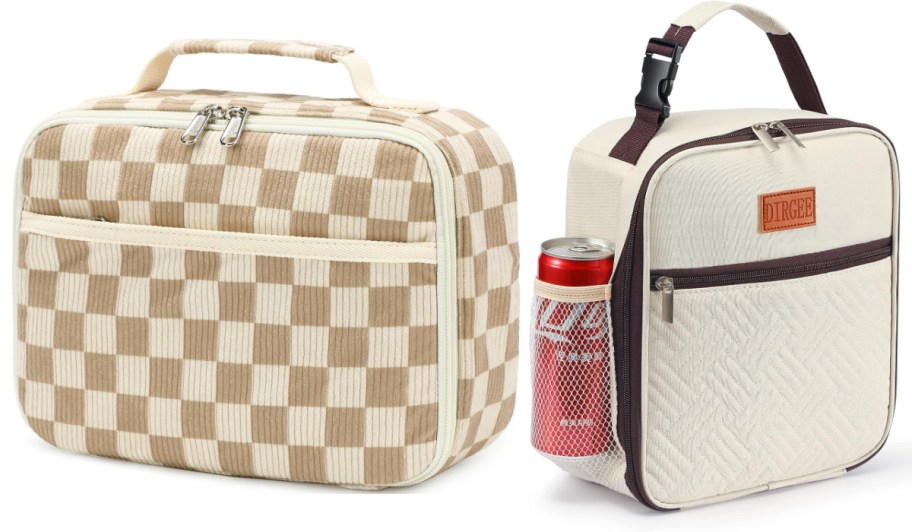 tan checkered lunch bag and white lunch bag