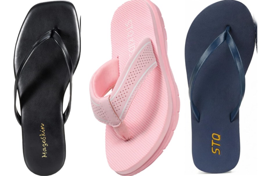 black pink and blue flip flops