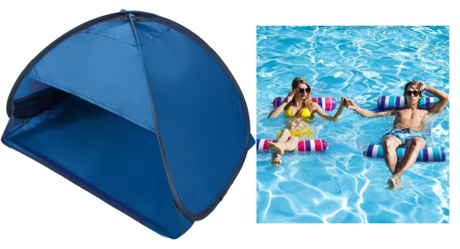 blue tent and two people on floaties in water