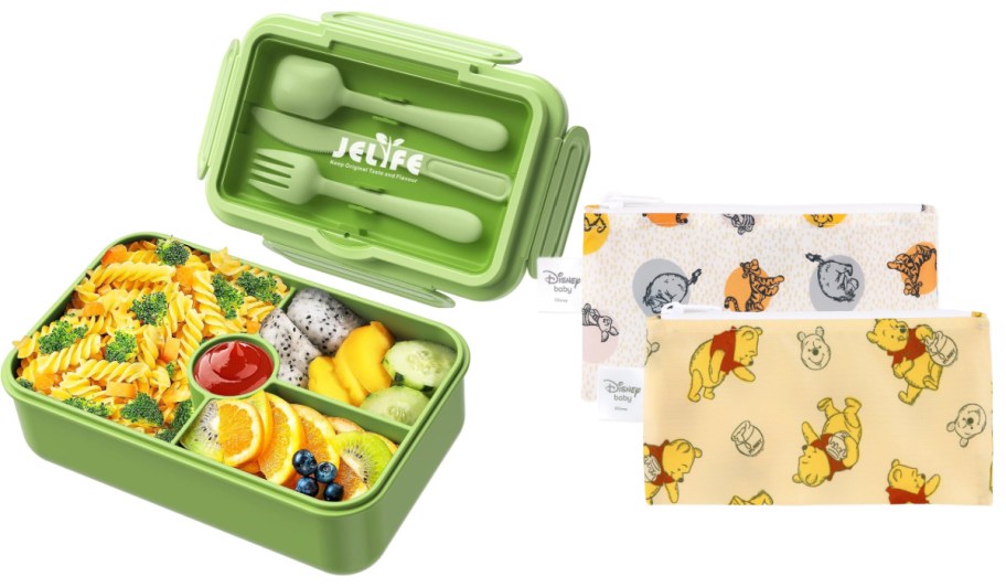 green kids bento box and teddy bear reusable snack bags
