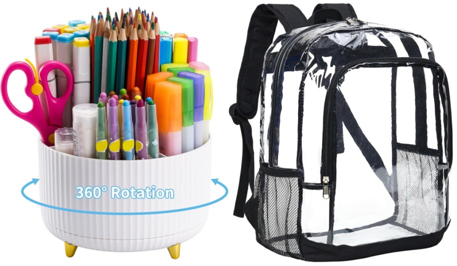 white pen holder with pens in it and clear black backpack