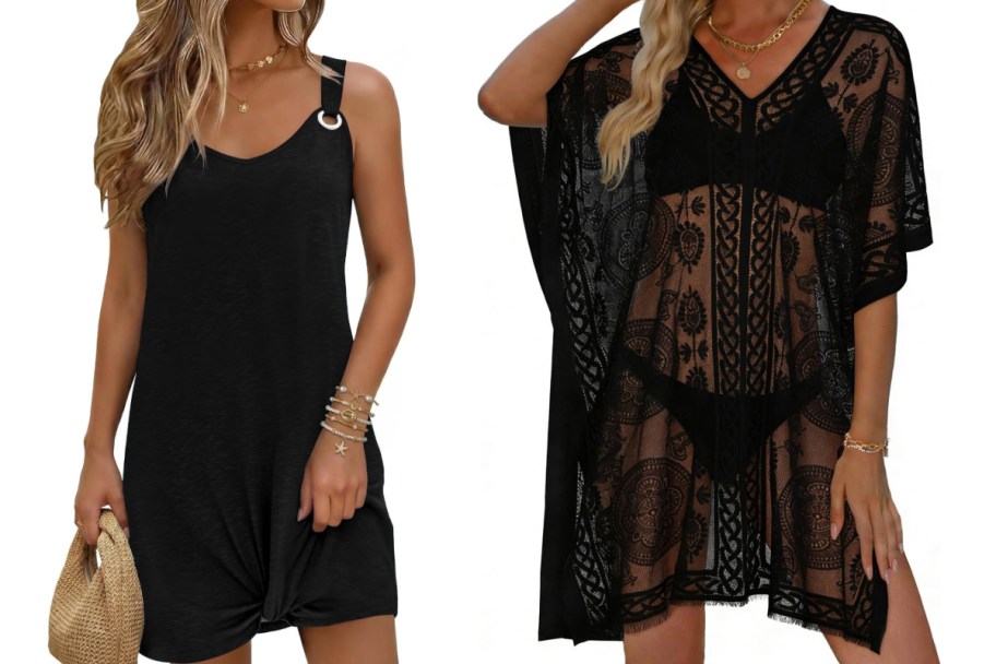 two women in black swim cover ups 