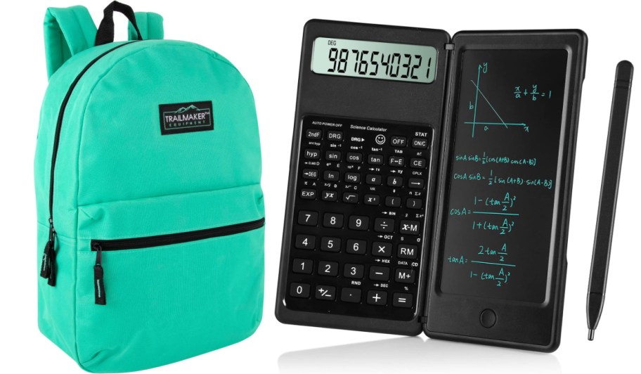 teal backpack and black calculator