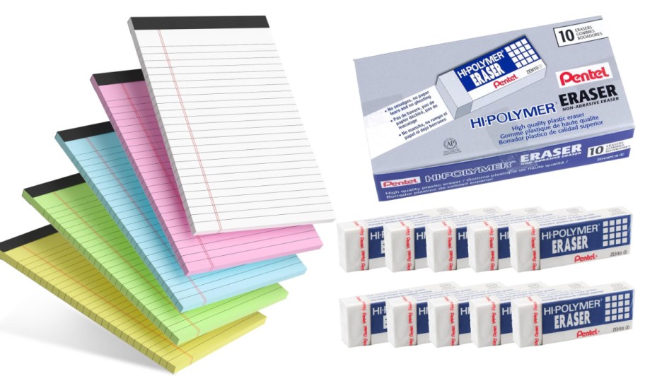 stack of colorful lined notepads and ten white erasers
