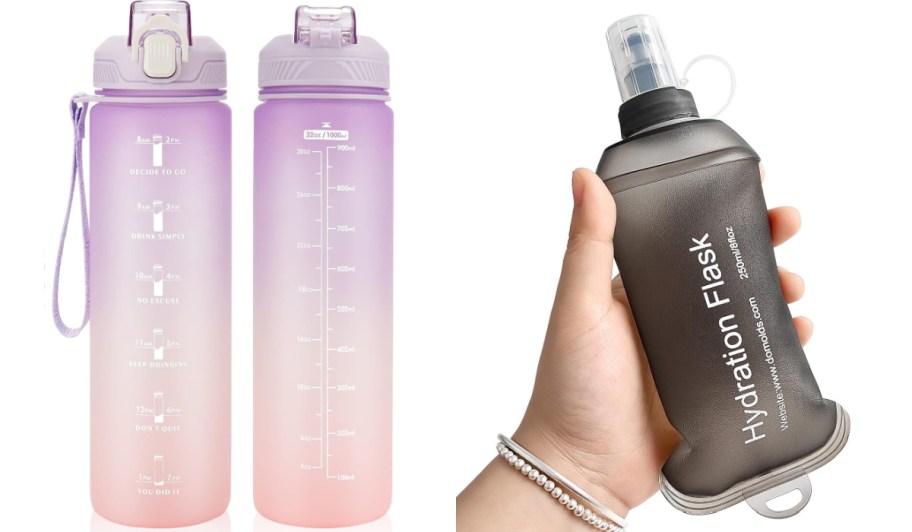 two pink water bottles and black water flask in hand