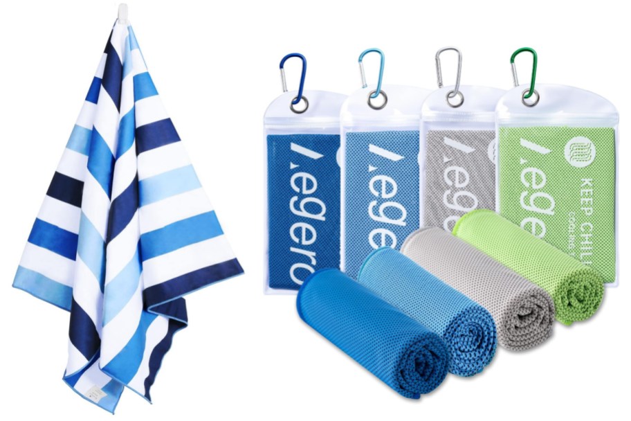 striped towel and four colorful cooling towels rolled up