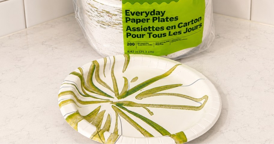 a green and white paper plate on a counter with a bag of more plates behind it