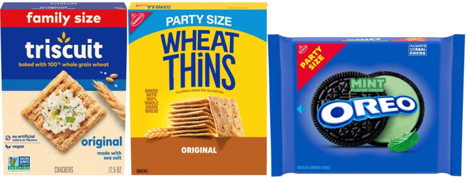Family-size boxes of Triscuit and Wheat Thins crackers alongside a party-size package of Mint Oreo cookies displayed on a white background.