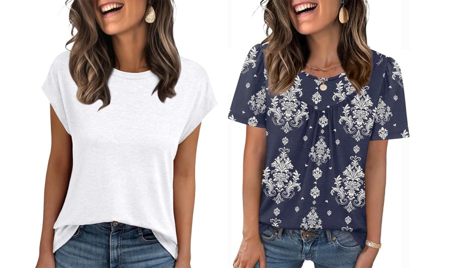 women wearing white and blue floral tees 