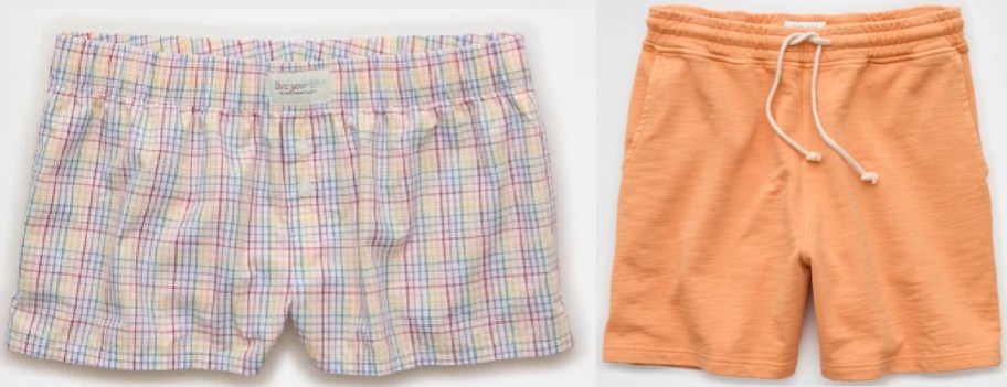 A pair of multicolored plaid boxer shorts next to a pair of solid peach drawstring sweat shorts against a white background.