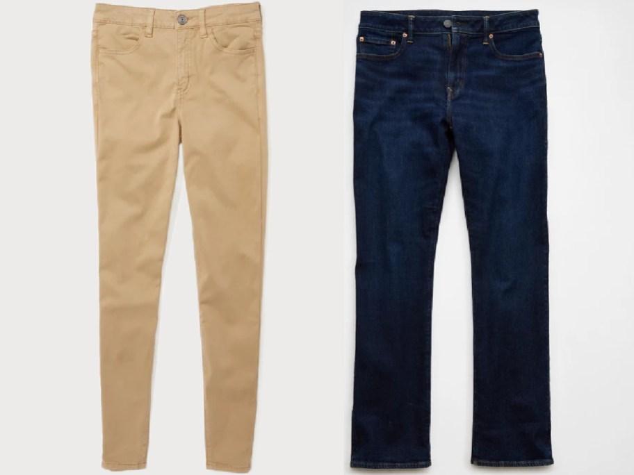 A pair of tan pants next to a pair of dark wash blue jeans against a white background.