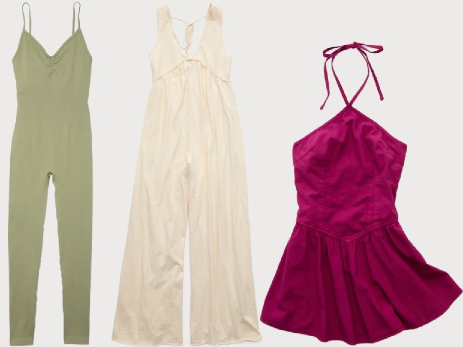 A fitted olive green jumpsuit with thin straps, a loose cream-colored wide-leg jumpsuit, and a magenta halter dress against a white background.