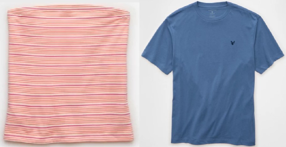A pink and orange striped tube top next to a solid blue American Eagle short-sleeve t-shirt against a white background.