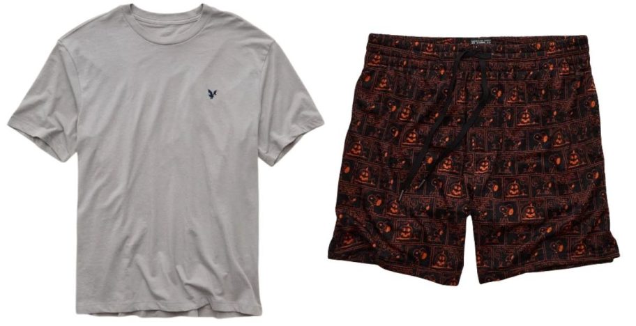 american eagle mens grey top and black and red shorts