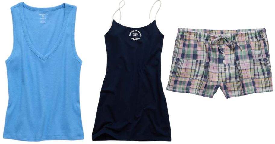 american eagle women's blue tank, navy dress, and plaid shorts