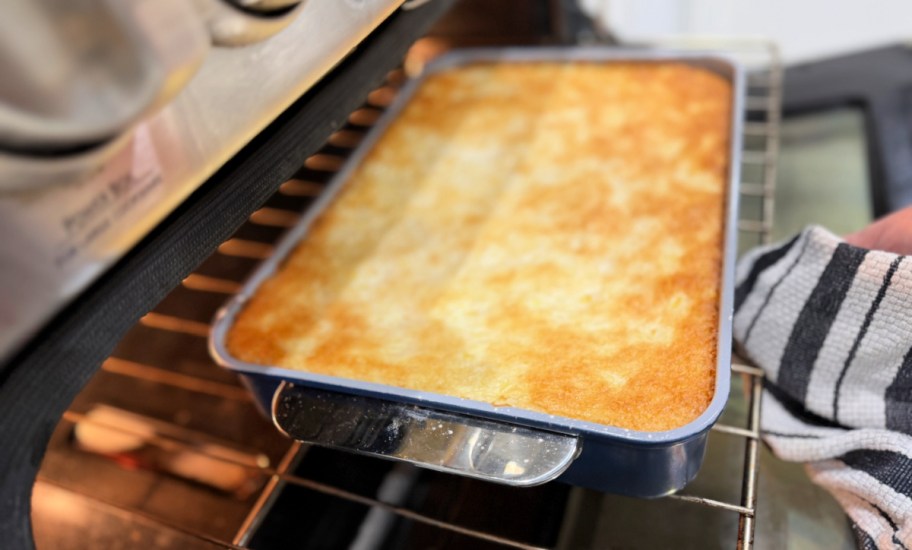 angel food cake in the oven after cooking
