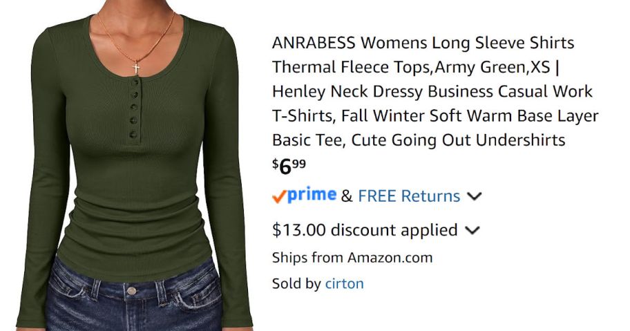 woman wearing green shirt next to Amazon pricing information